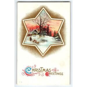 Vintage Embossed Christmas Greetings Postcard Winter Scene Star